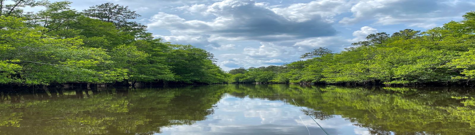 View of River in a boat with fishing rod