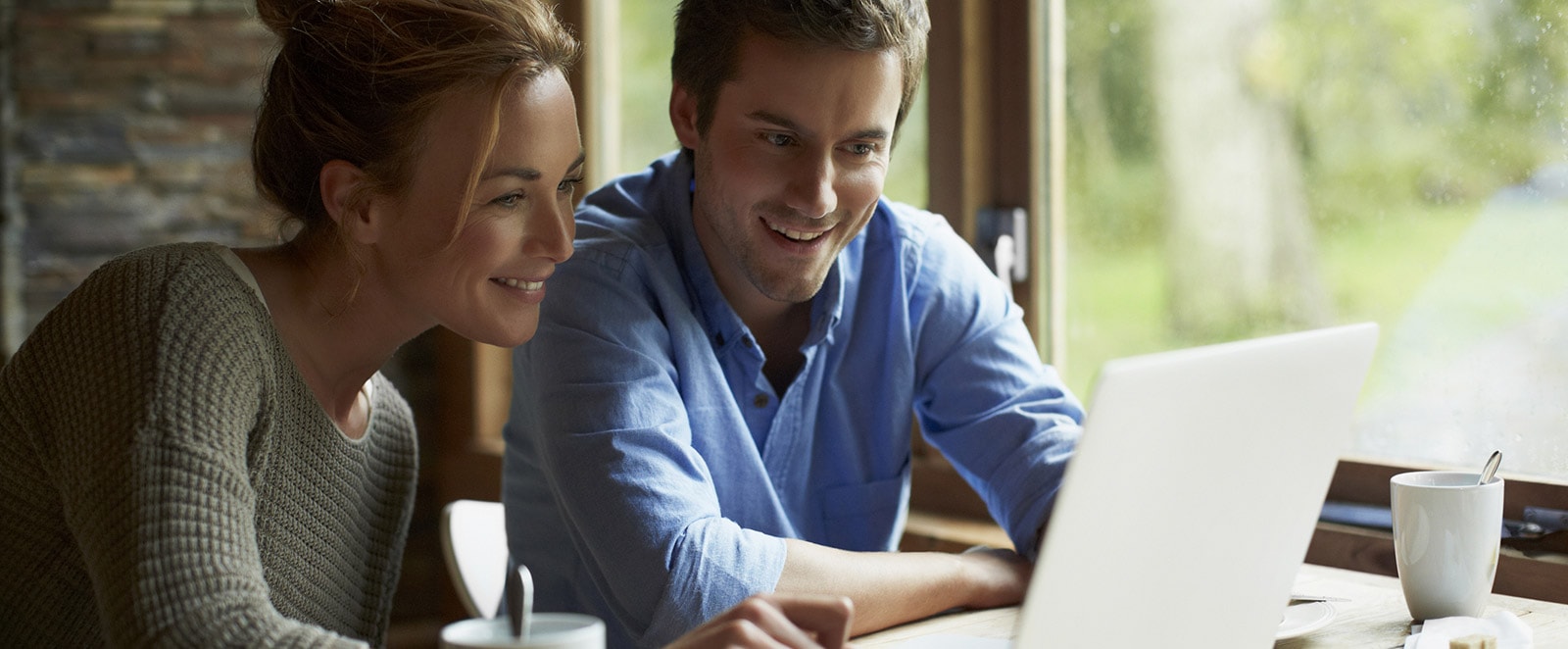 Couple looking at computer in living room