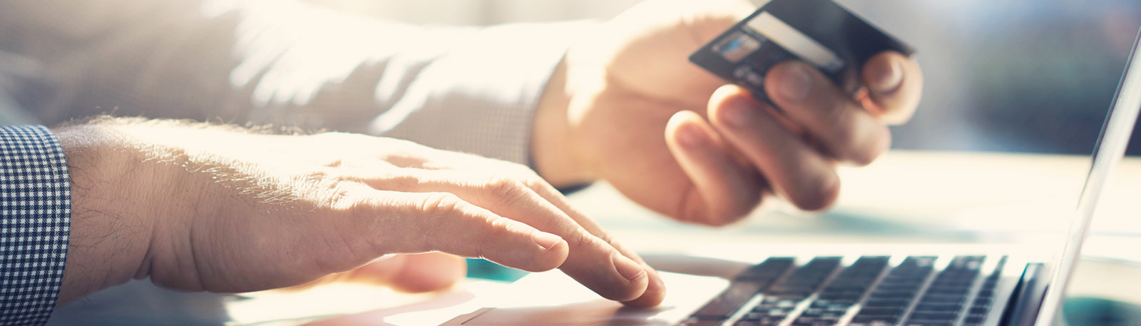 Man using debit card and computer